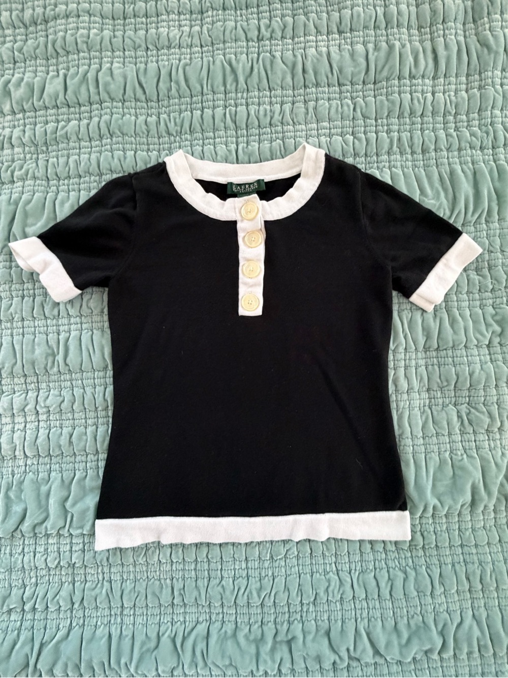 Lauren Ralph Lauren Black Short Sleeve Henley with White Trim-S/P